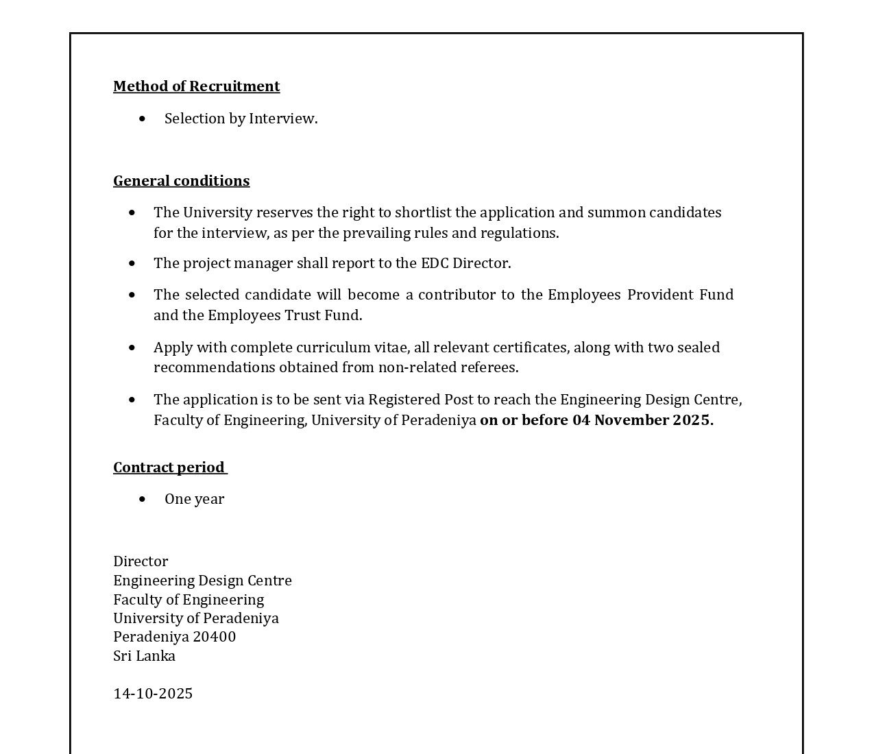 Project Manager (Engineering) - University of Peradeniya