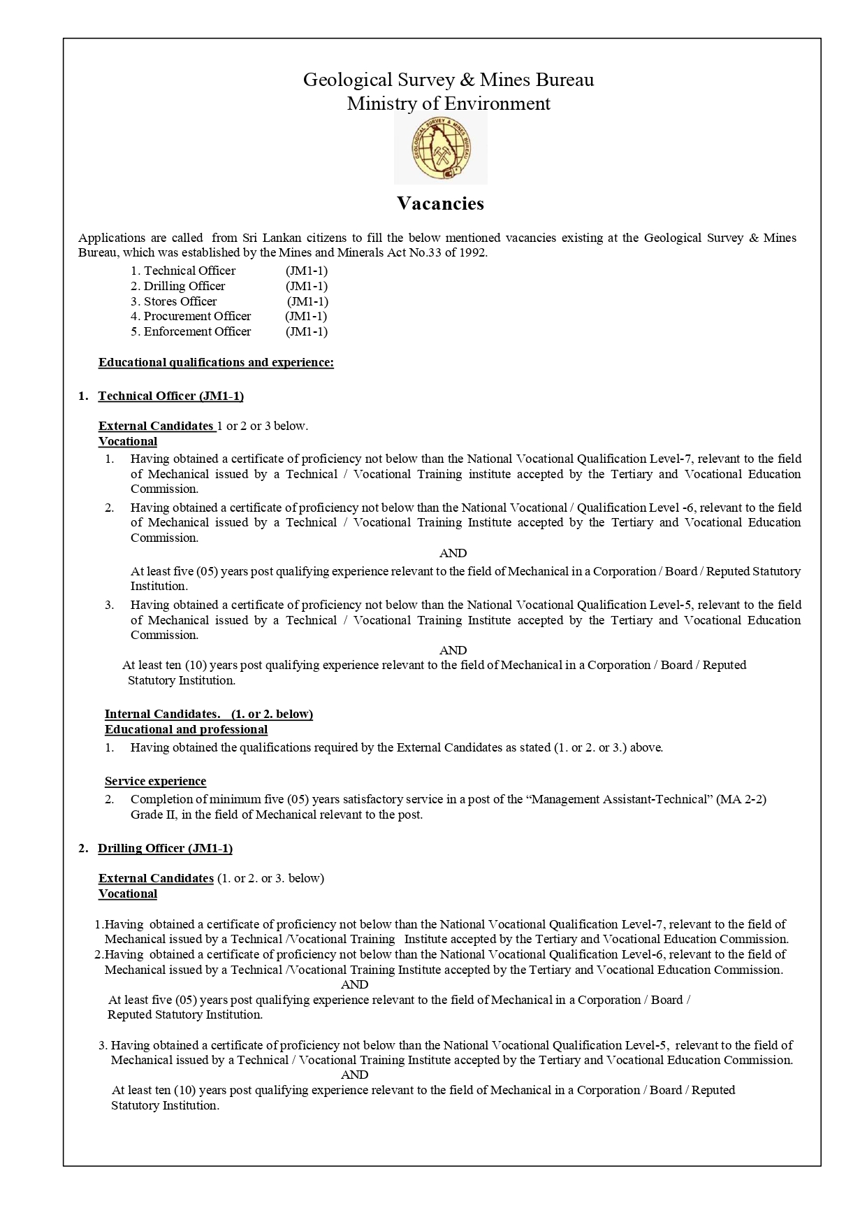 Technical Officer, Drilling Officer, Stores Officer, Procurement Officer, Enforcement Officer - Geological Survey & Mines Bureau