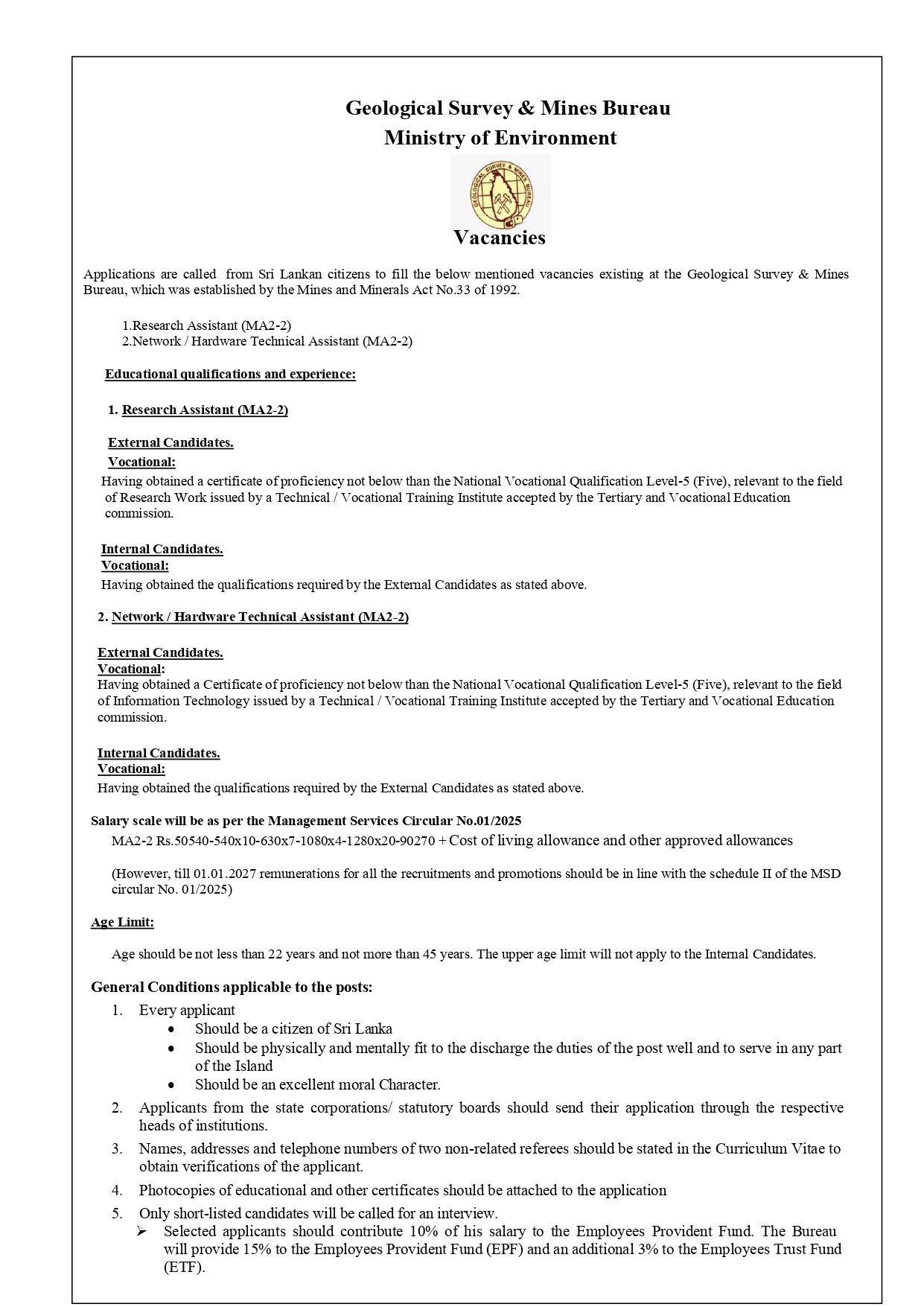 Research Assistant, Network/Hardware Technical Assistant - Geological Survey & Mines Bureau