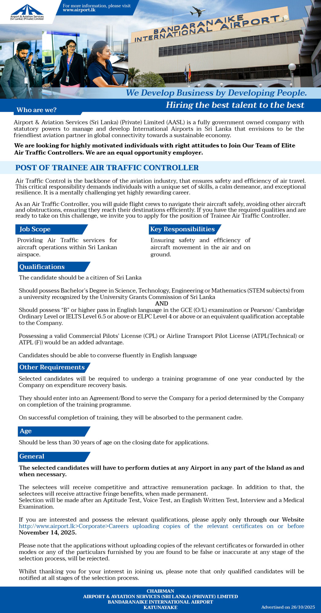 Trainee Air Traffic Controller - Airport & Aviation Services (Sri Lanka) (Private) Limited