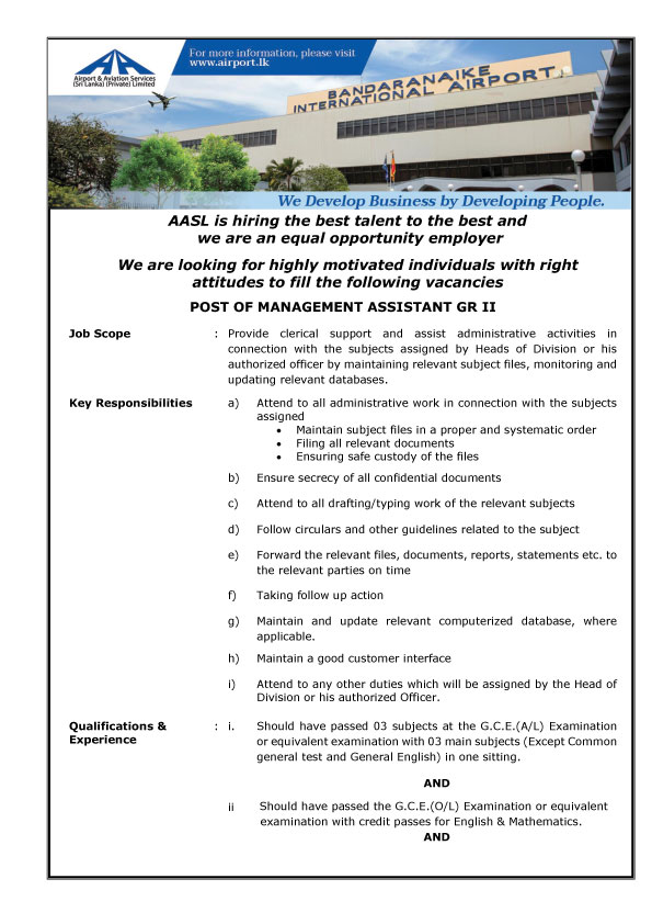 Management Assistant, Mechanical Engineer - Airport & Aviation Services (Sri Lanka) (Private) Limited