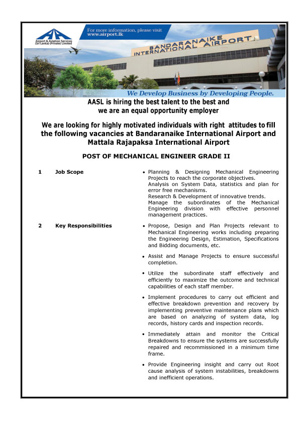 Management Assistant, Mechanical Engineer - Airport & Aviation Services (Sri Lanka) (Private) Limited