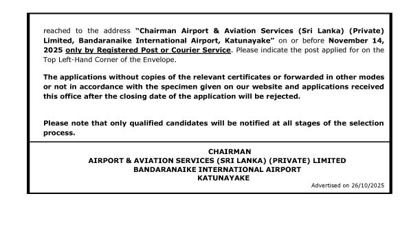  Management Assistant, Mechanical Engineer - Airport & Aviation Services (Sri Lanka) (Private) Limited