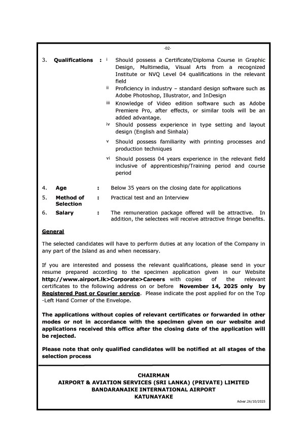 Graphic Designer, Systems Administrator - Airport & Aviation Services (Sri Lanka) (Private) Limited