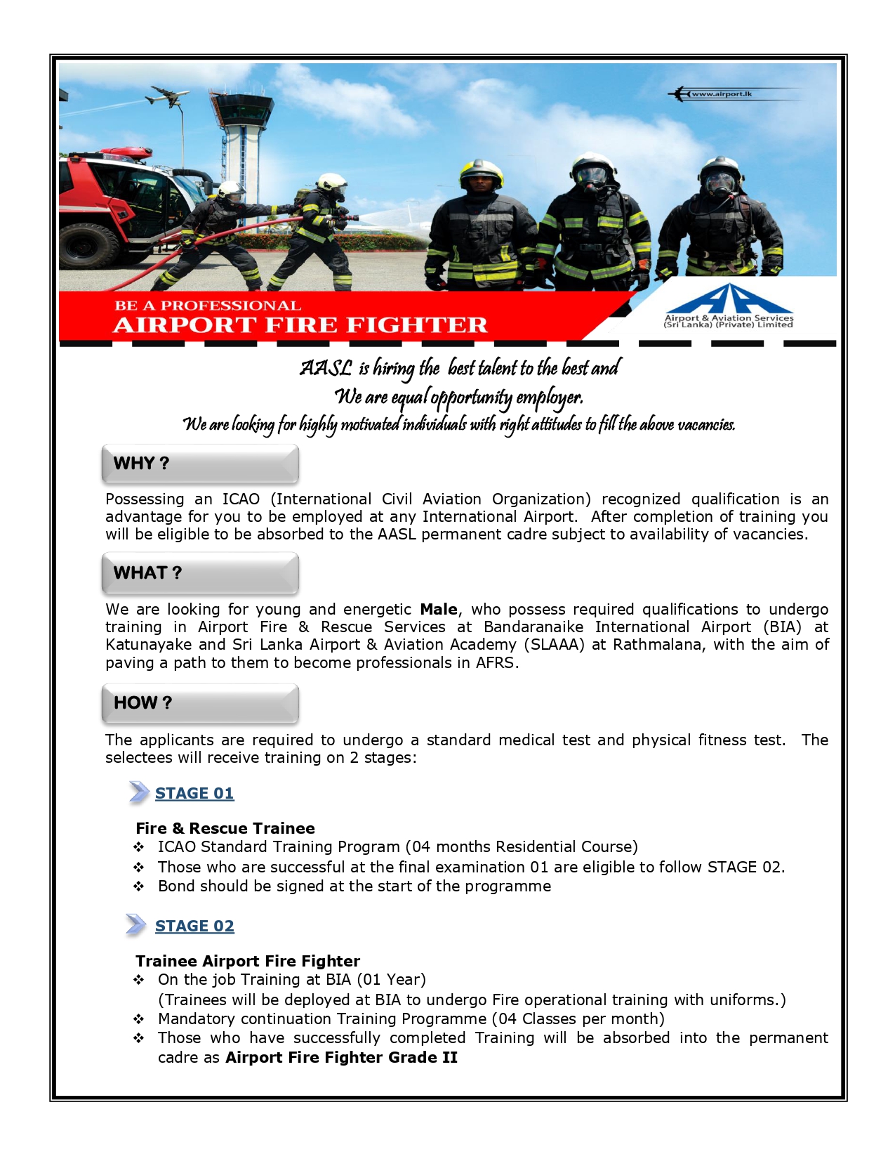  Trainee Airport Fire Fighter, Air Traffic Safety Electronics Engineering Officer - Airport & Aviation Services (Sri Lanka) (Private) Limited