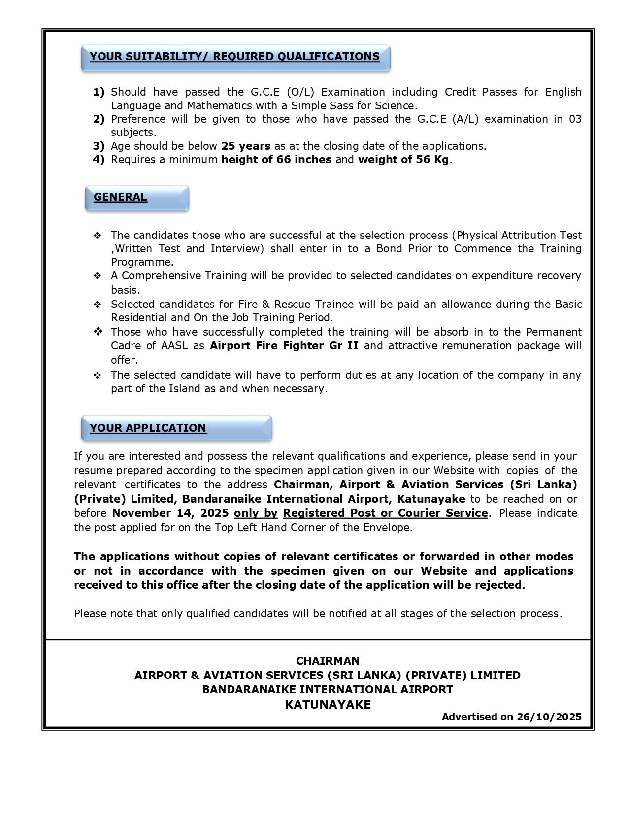  Trainee Airport Fire Fighter, Air Traffic Safety Electronics Engineering Officer - Airport & Aviation Services (Sri Lanka) (Private) Limited