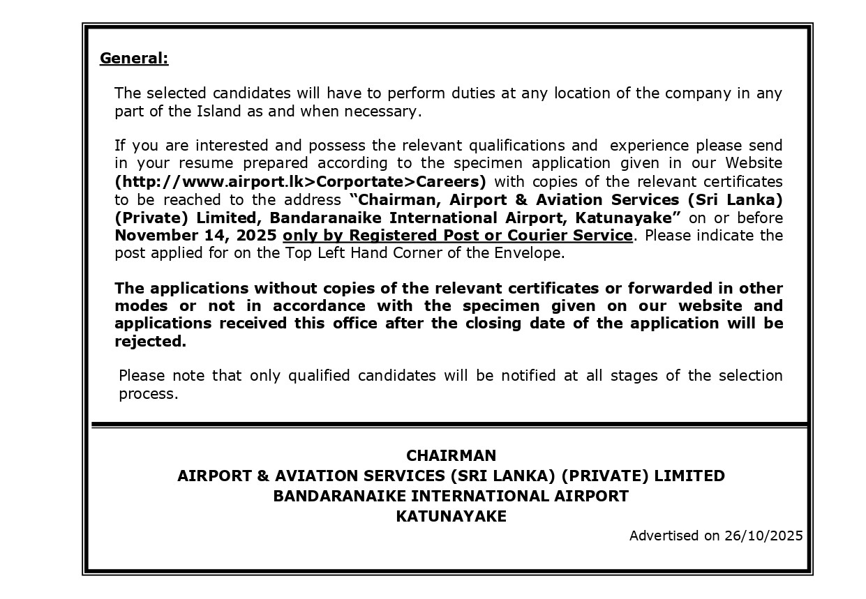  Trainee Airport Fire Fighter, Air Traffic Safety Electronics Engineering Officer - Airport & Aviation Services (Sri Lanka) (Private) Limited