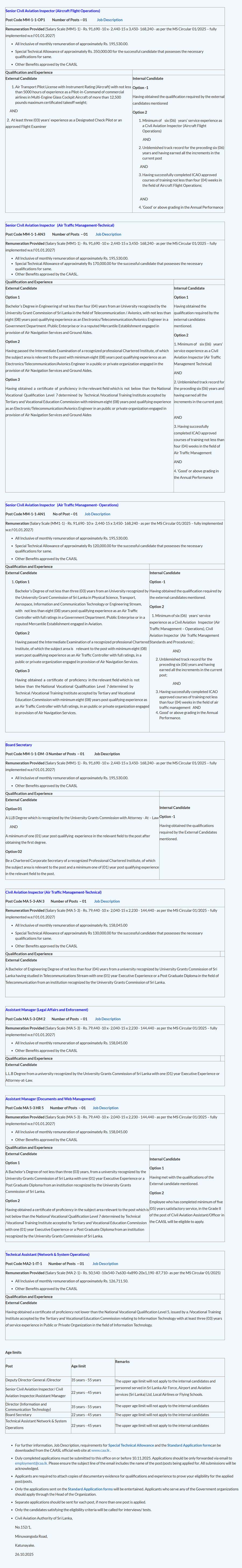 Deputy Director General, Director, Civil Aviation Inspector, Board Secretary, Assistant Manager, Technical Assistant - Civil Aviation Authority