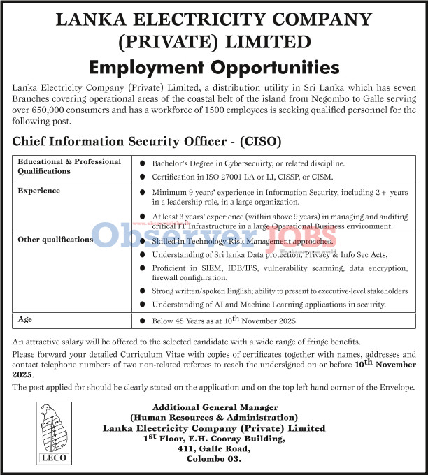 Chief Information Security Officer - Lanka Electricity Company (Private) Limited