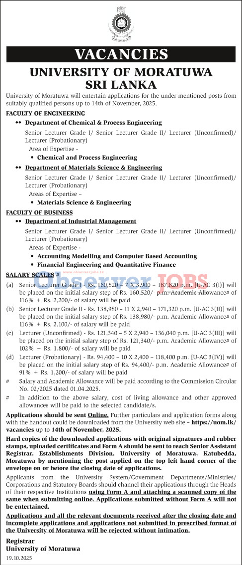 Senior Lecturer, Lecturer - University of Moratuwa