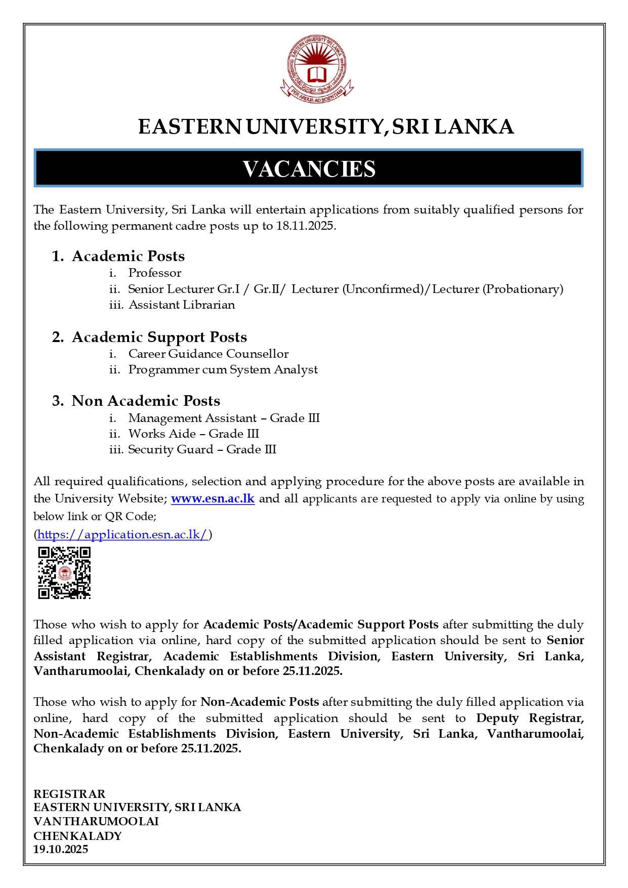 Management Assistant, Professor, Senior Lecturer, Lecturer, Assistant Librarian, Career Guidance Counsellor, Programmer/System Analyst, Works Aide, Security Guard - Eastern University, Sri Lanka