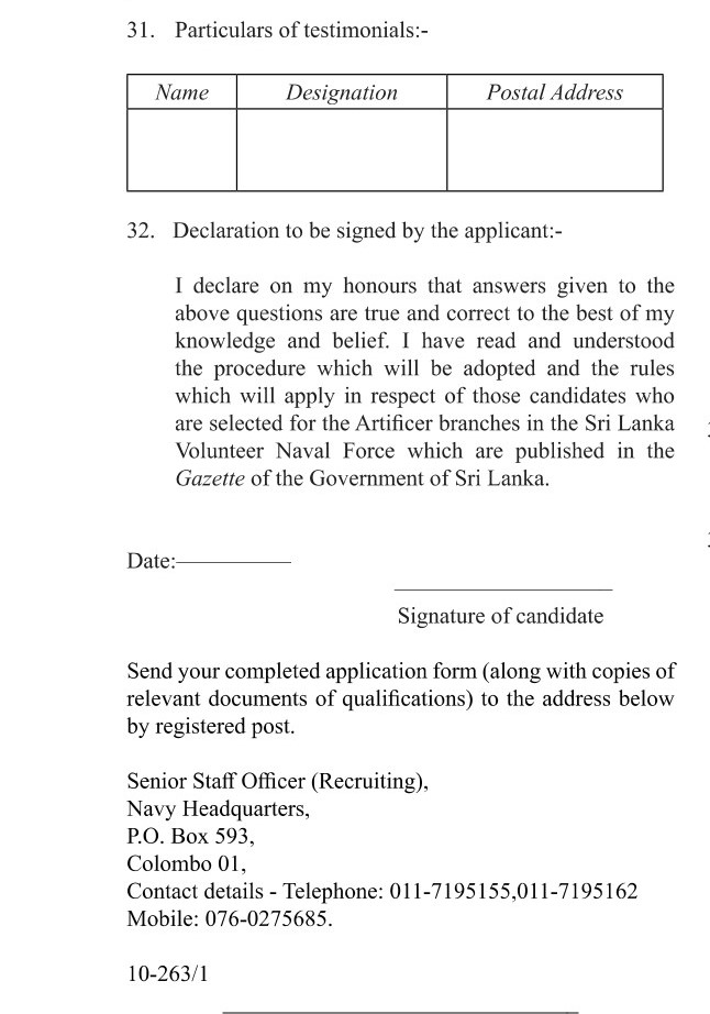 Vacancies for Sailors in the Civil Engineering Artificer (Direct Entry) Branch - Sri Lanka Regular Naval Force