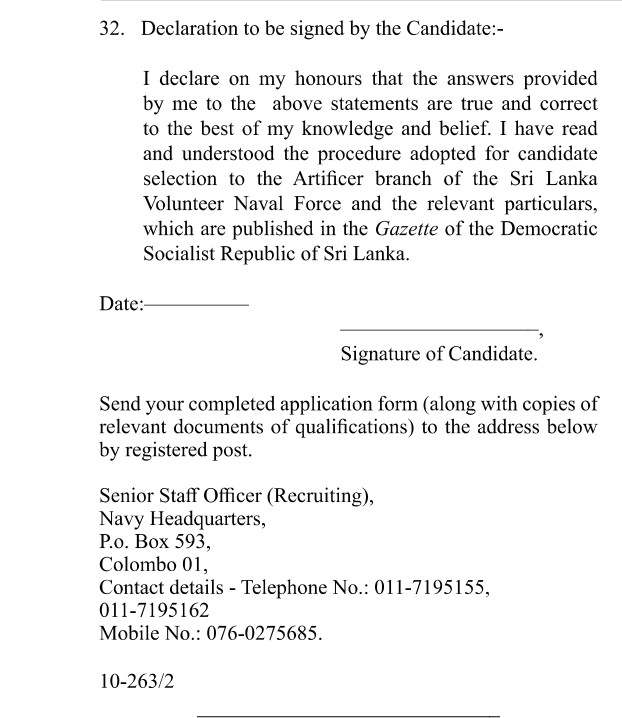 Vacancies for Artificers (Direct Entry) in the Artificer Branch - Sri Lanka Volunteer Naval Force