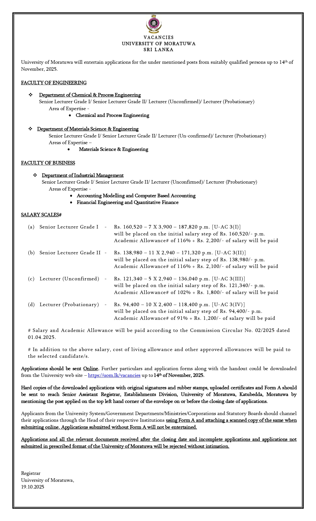 Senior Lecturer, Lecturer - University of Moratuwa