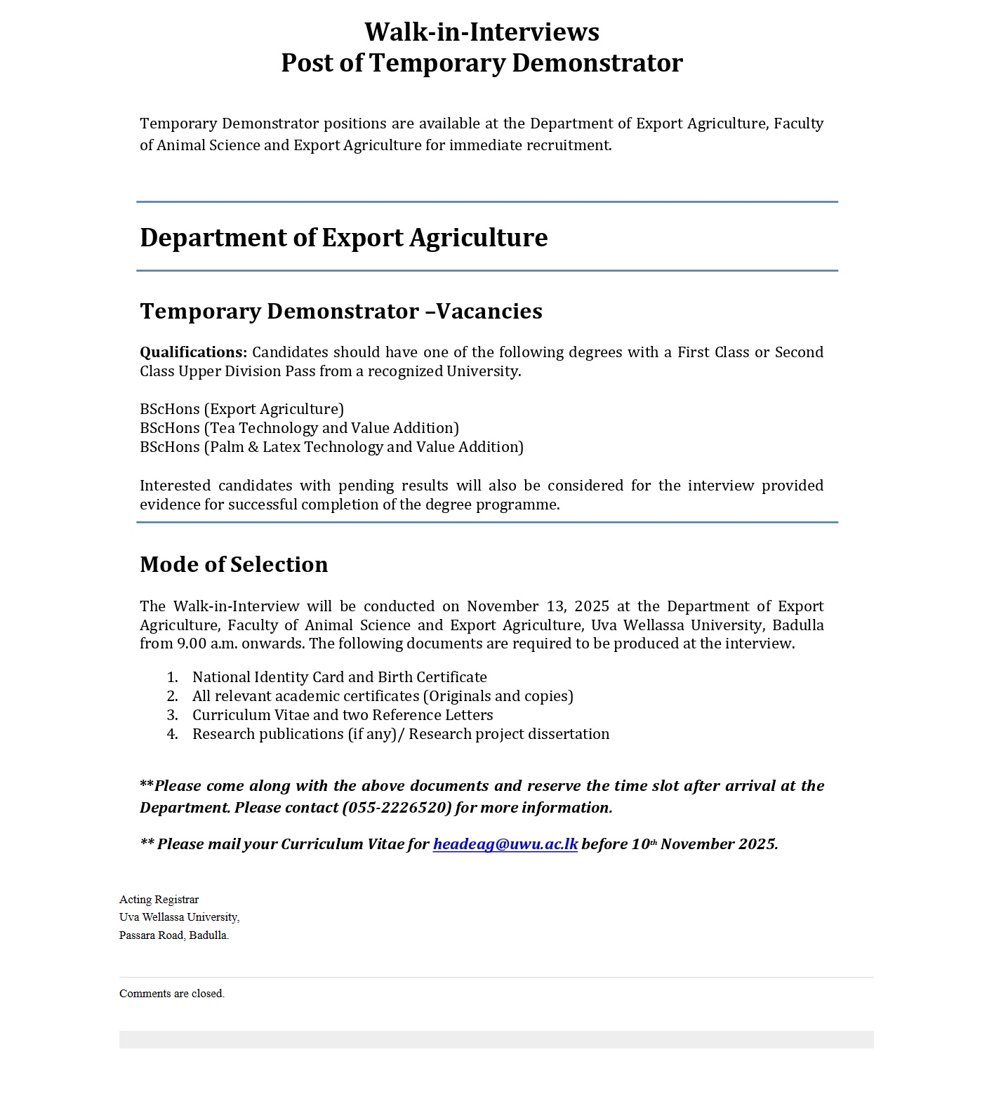 Temporary Demonstrator - Uva Wellassa University