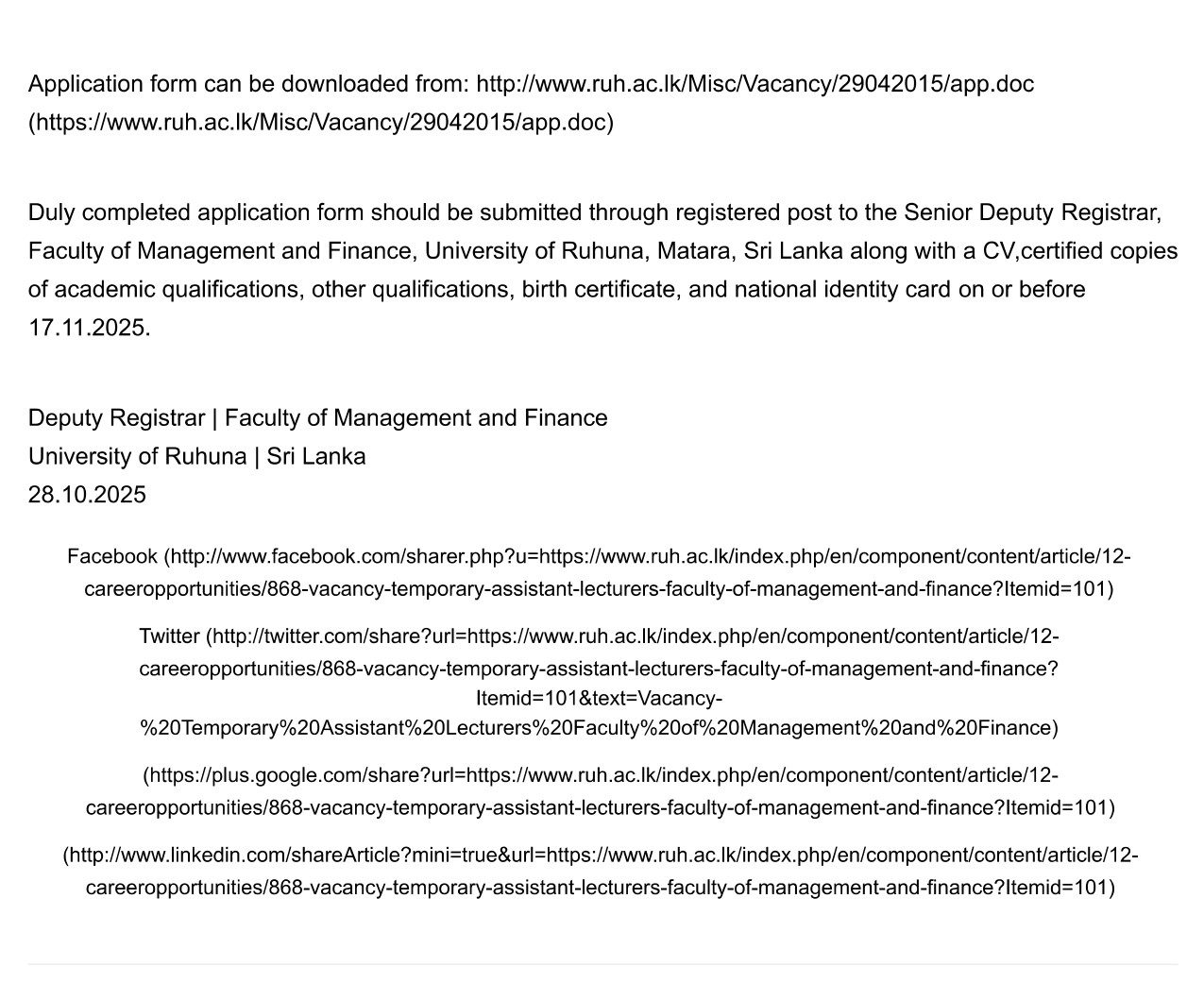 Temporary Assistant Lecturer - University of Ruhuna 