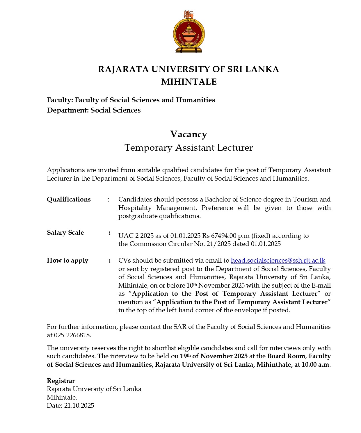 Temporary Assistant Lecturer - Rajarata University of Sri Lanka 