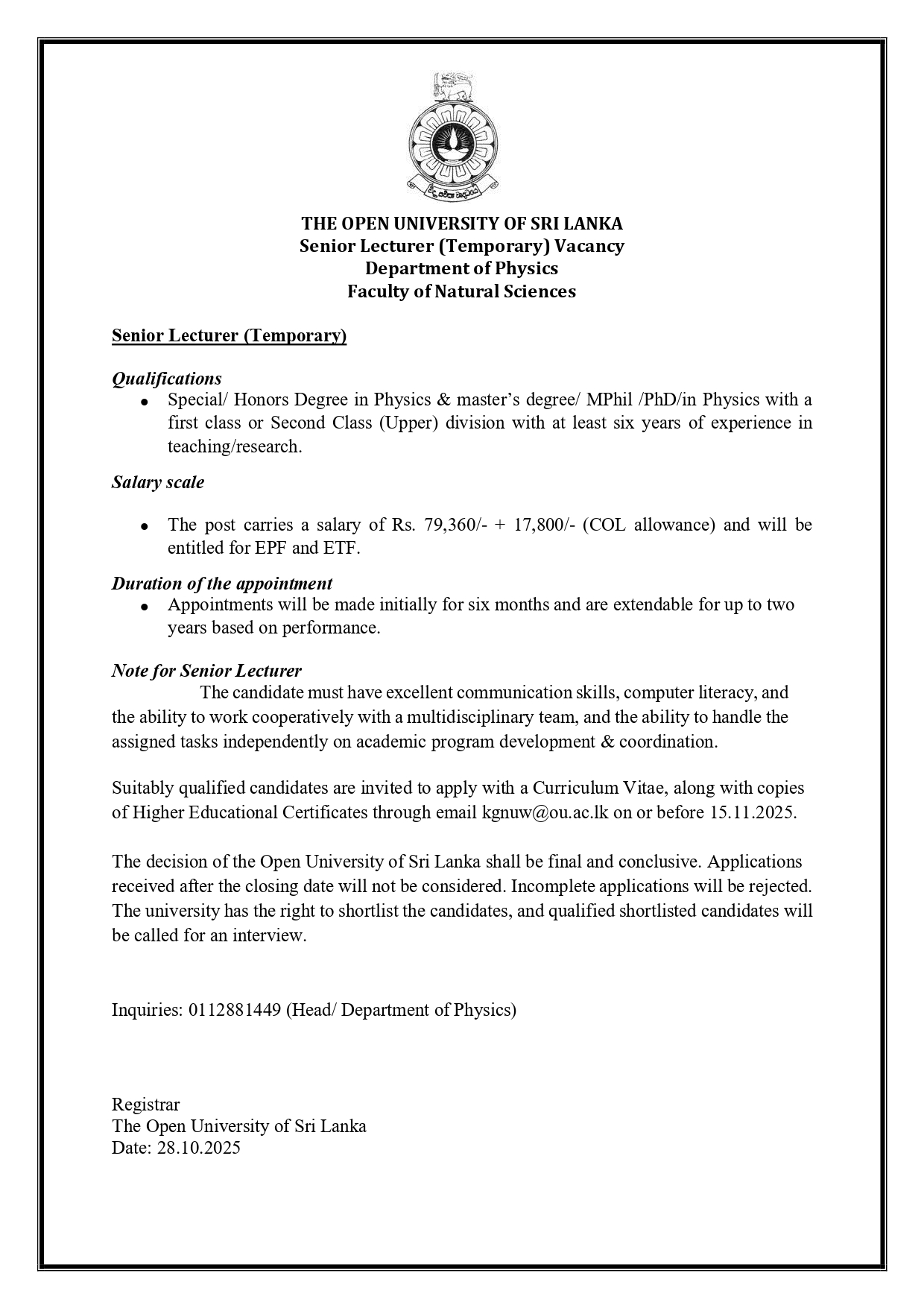 Senior Lecturer - The Open University of Sri Lanka