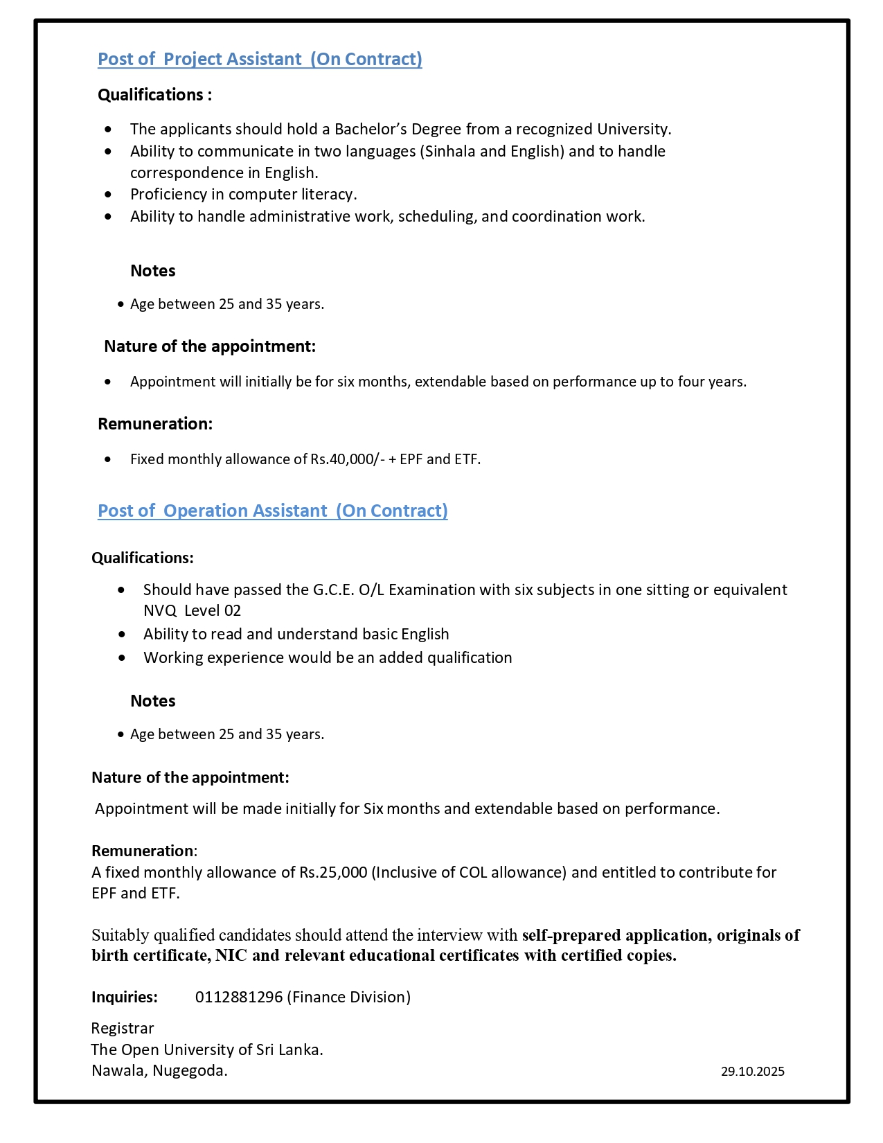Financial Coordinator, Project Assistant, Operation Assistant - The Open University of Sri Lanka