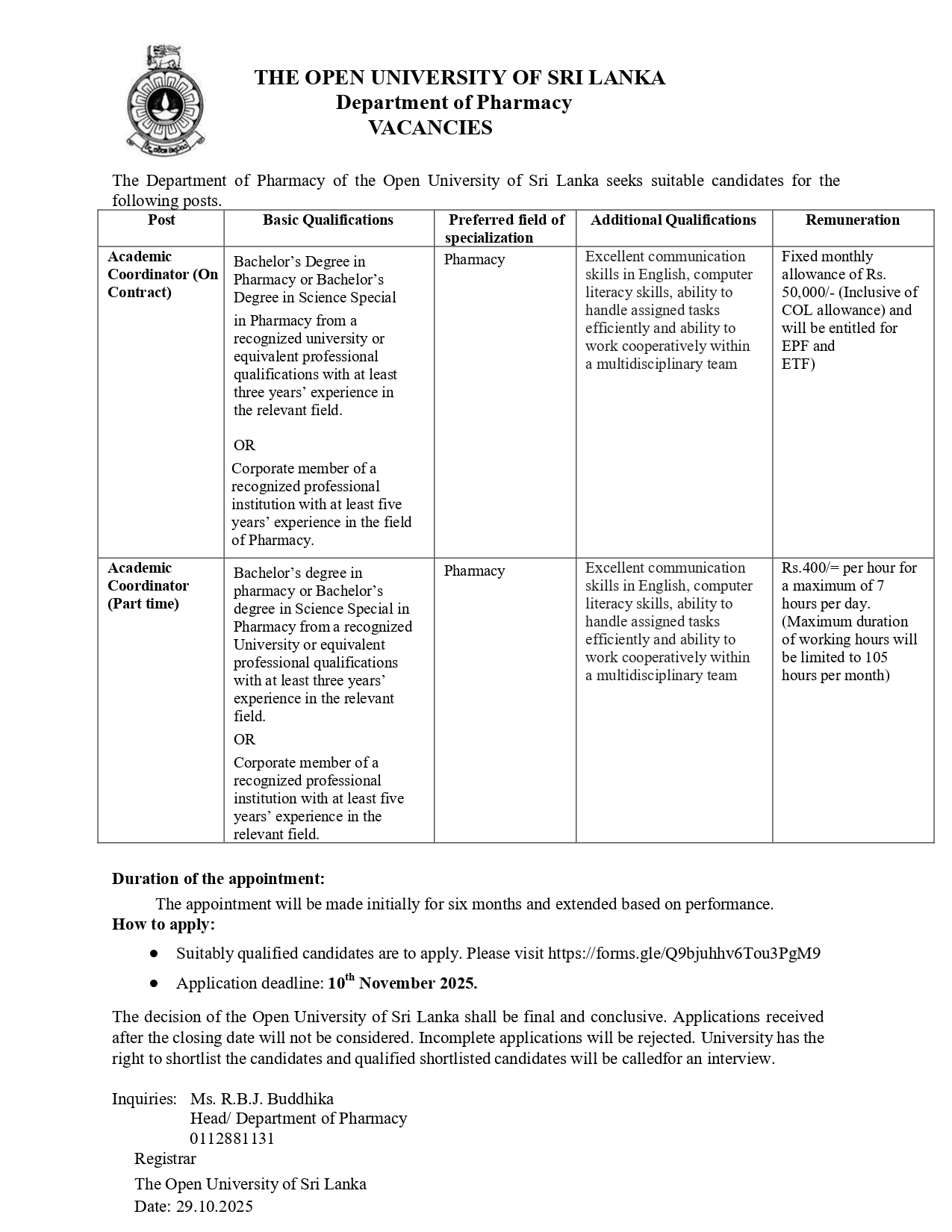 Academic Coordinator - The Open University of Sri Lanka