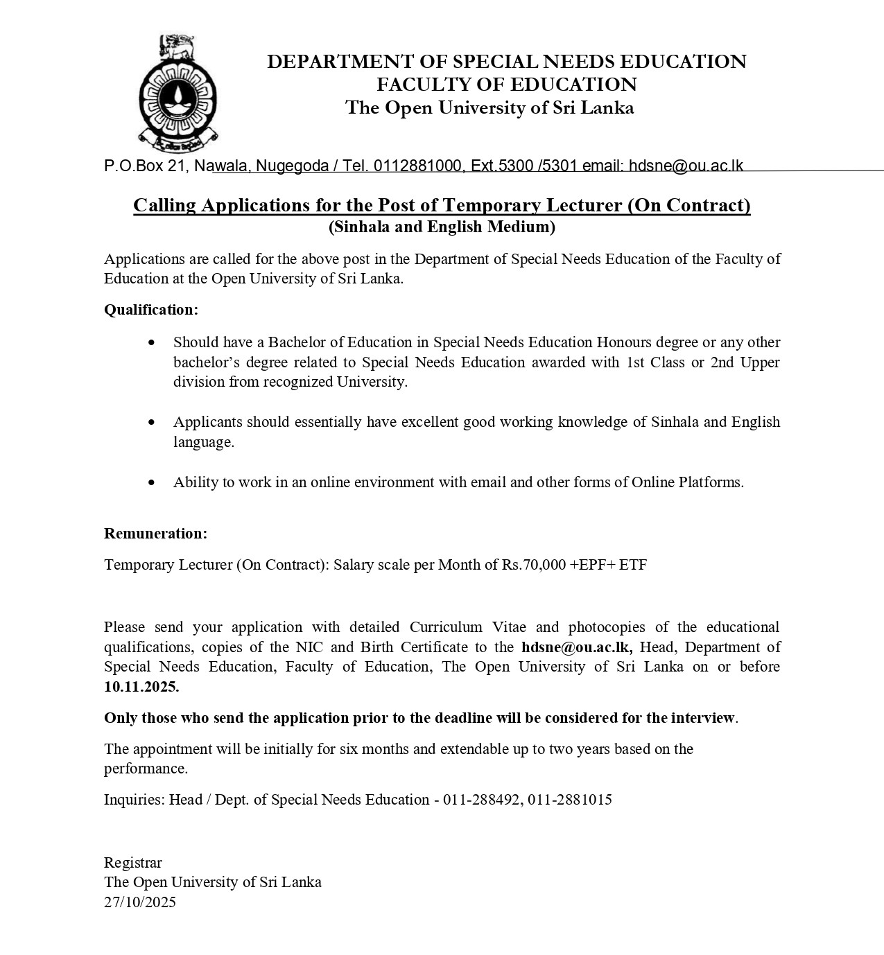 Temporary Lecturer - The Open University of Sri Lanka