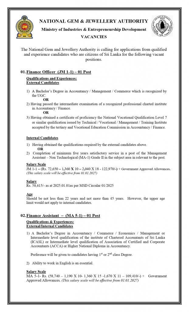 Management Assistant, Finance Officer, Finance Assistant, Book Keeper - National Gem & Jewellery Authority