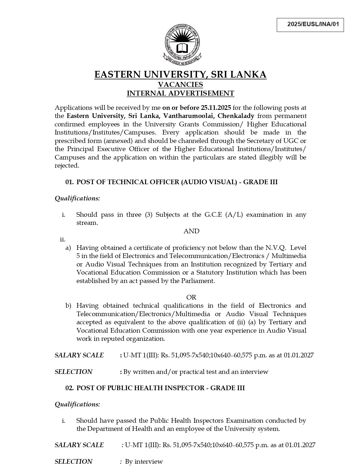 Management Assistant, Technical Officer, Public Health Inspector, Works Supervisor, Caretaker/Cook, Attendant, Laboratory Attendant, Specimen Collector, Gymnasium Attendant, Carpenter - Eastern University, Sri Lanka 