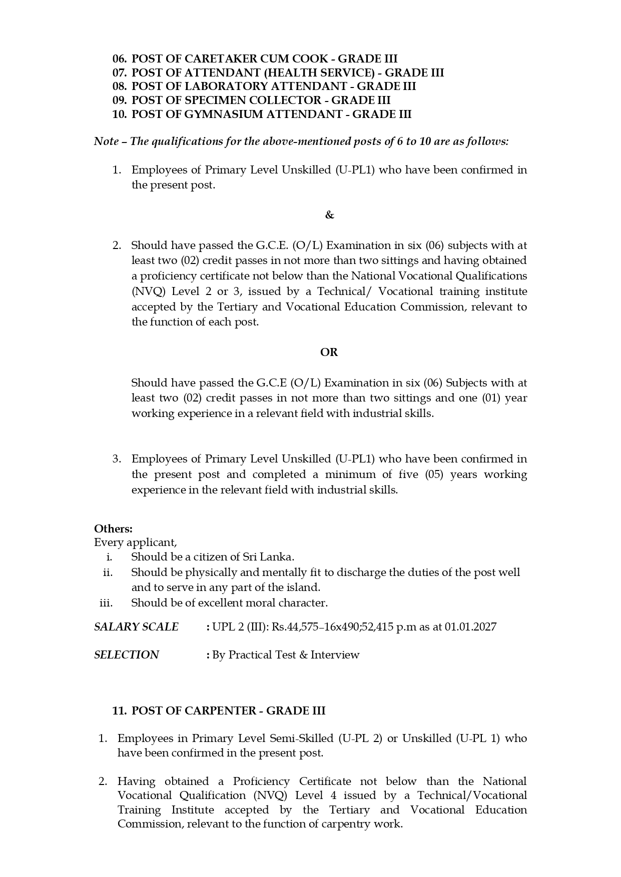 Management Assistant, Technical Officer, Public Health Inspector, Works Supervisor, Caretaker/Cook, Attendant, Laboratory Attendant, Specimen Collector, Gymnasium Attendant, Carpenter - Eastern University, Sri Lanka 