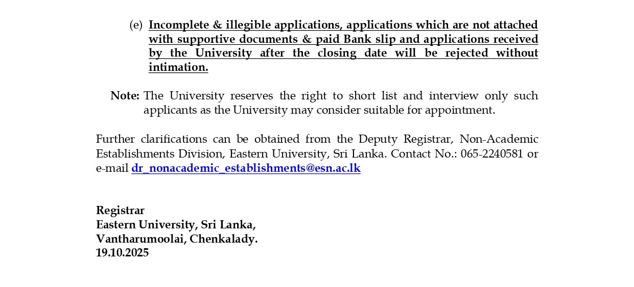 Management Assistant, Technical Officer, Public Health Inspector, Works Supervisor, Caretaker/Cook, Attendant, Laboratory Attendant, Specimen Collector, Gymnasium Attendant, Carpenter - Eastern University, Sri Lanka 