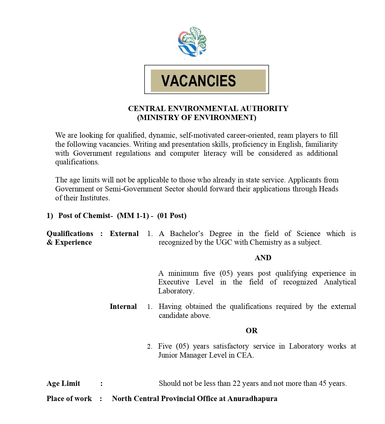 Management Assistant, Chemist, Assistant Director, Technical Officer, Assistant Librarian, Assistant Legal Officer, Laboratory Assistant - Central Environmental Authority