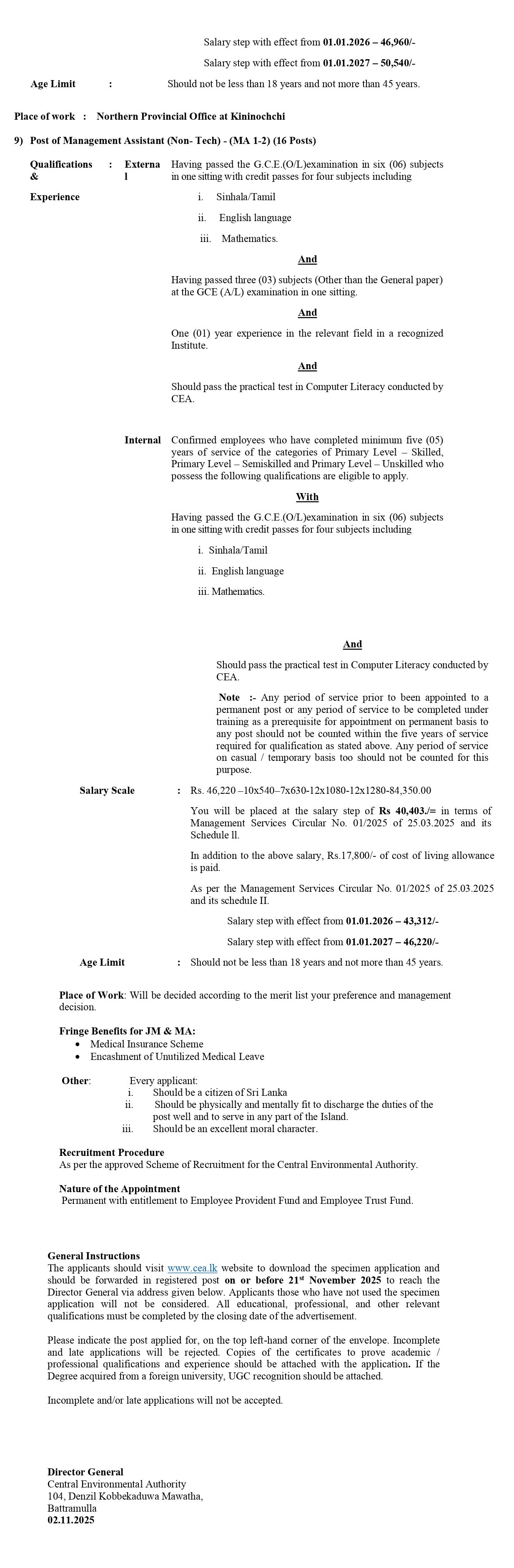 Management Assistant, Chemist, Assistant Director, Technical Officer, Assistant Librarian, Assistant Legal Officer, Laboratory Assistant - Central Environmental Authority