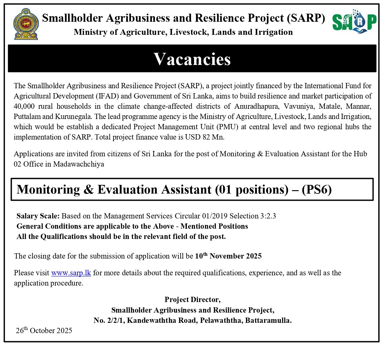 Monitoring & Evaluation Assistant - Smallholder Agribusiness & Resilience Project - Ministry of Agriculture, Livestock, Lands & Irrigation