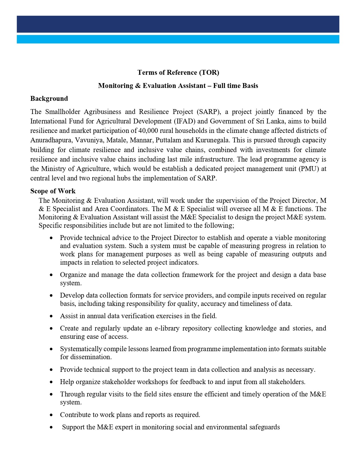 Monitoring & Evaluation Assistant - Smallholder Agribusiness & Resilience Project - Ministry of Agriculture, Livestock, Lands & Irrigation