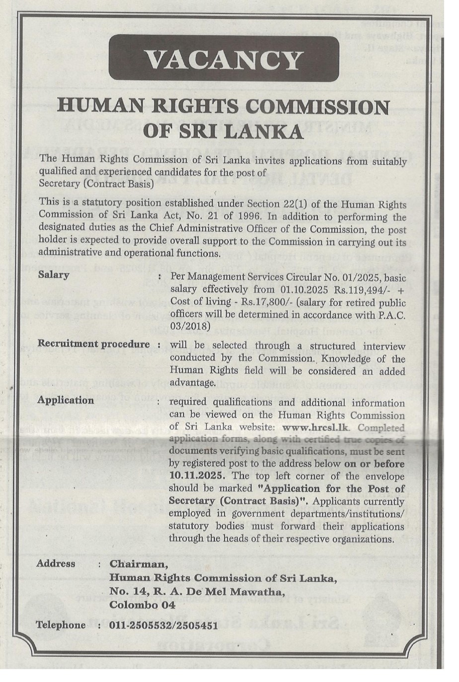 Secretary - Human Rights Commission of Sri Lanka