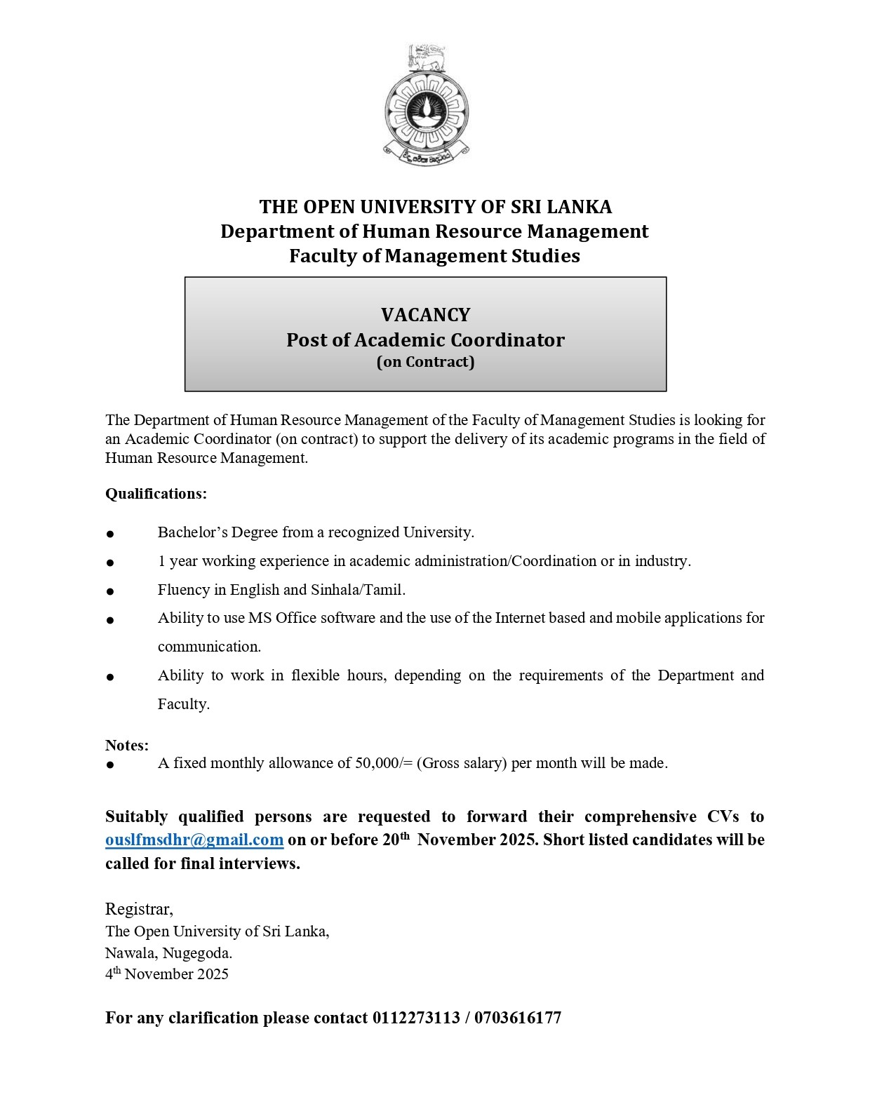 Academic Coordinator - The Open University of Sri Lanka