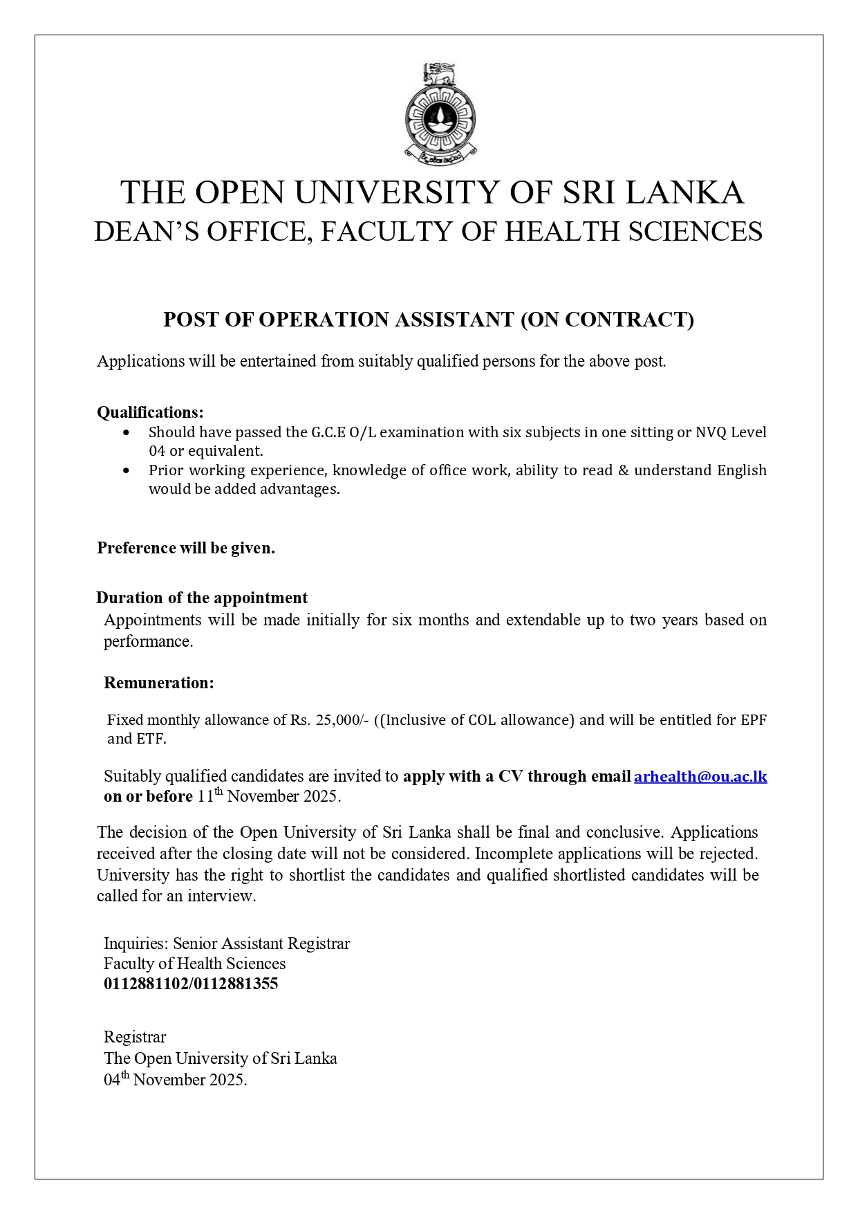 Operation Assistant - The Open University of Sri Lanka 