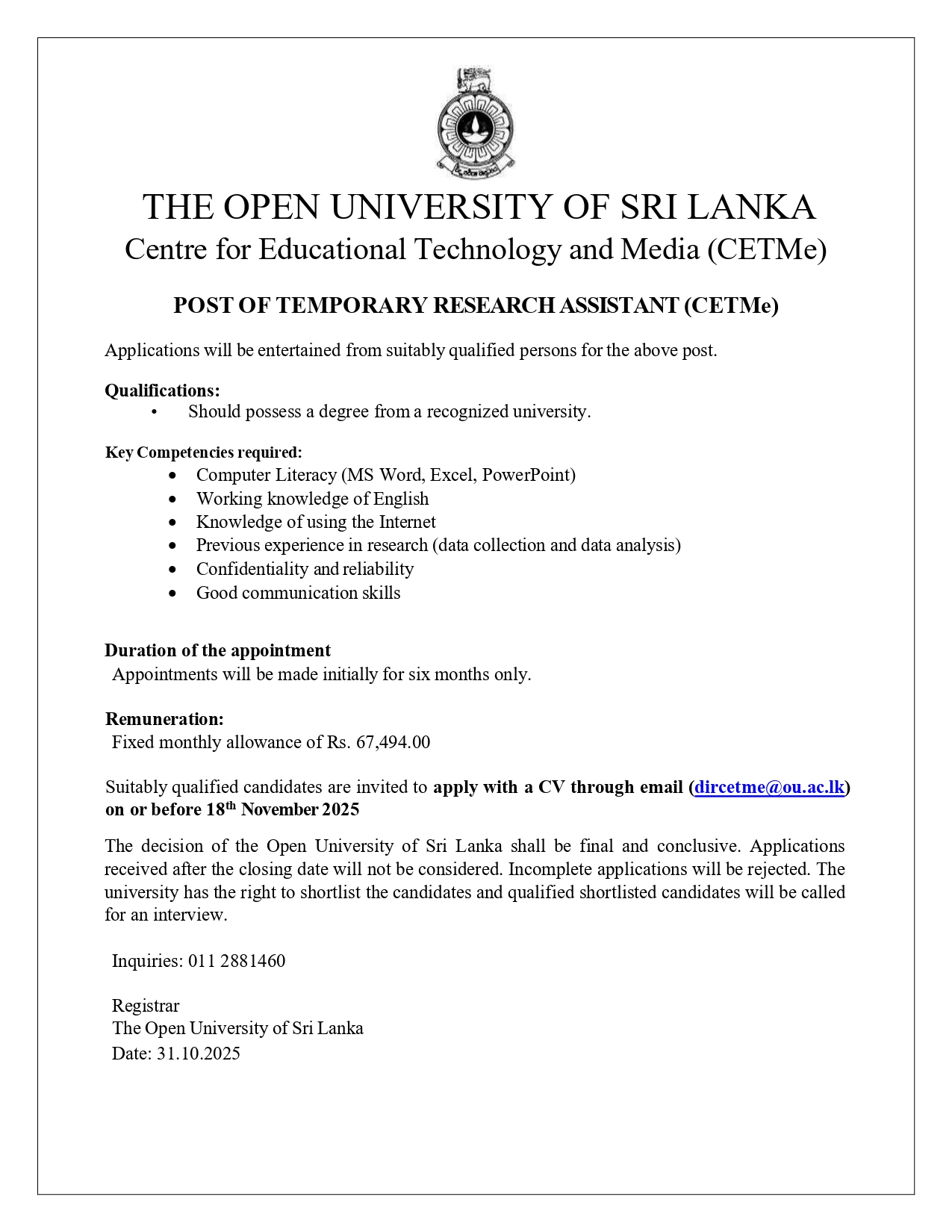 Temporary Research Assistant - The Open University of Sri Lanka