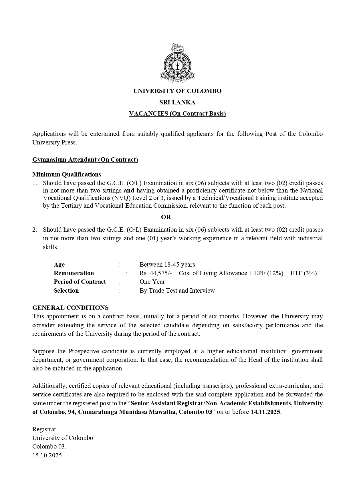 Gymnasium Attendant - University of Colombo