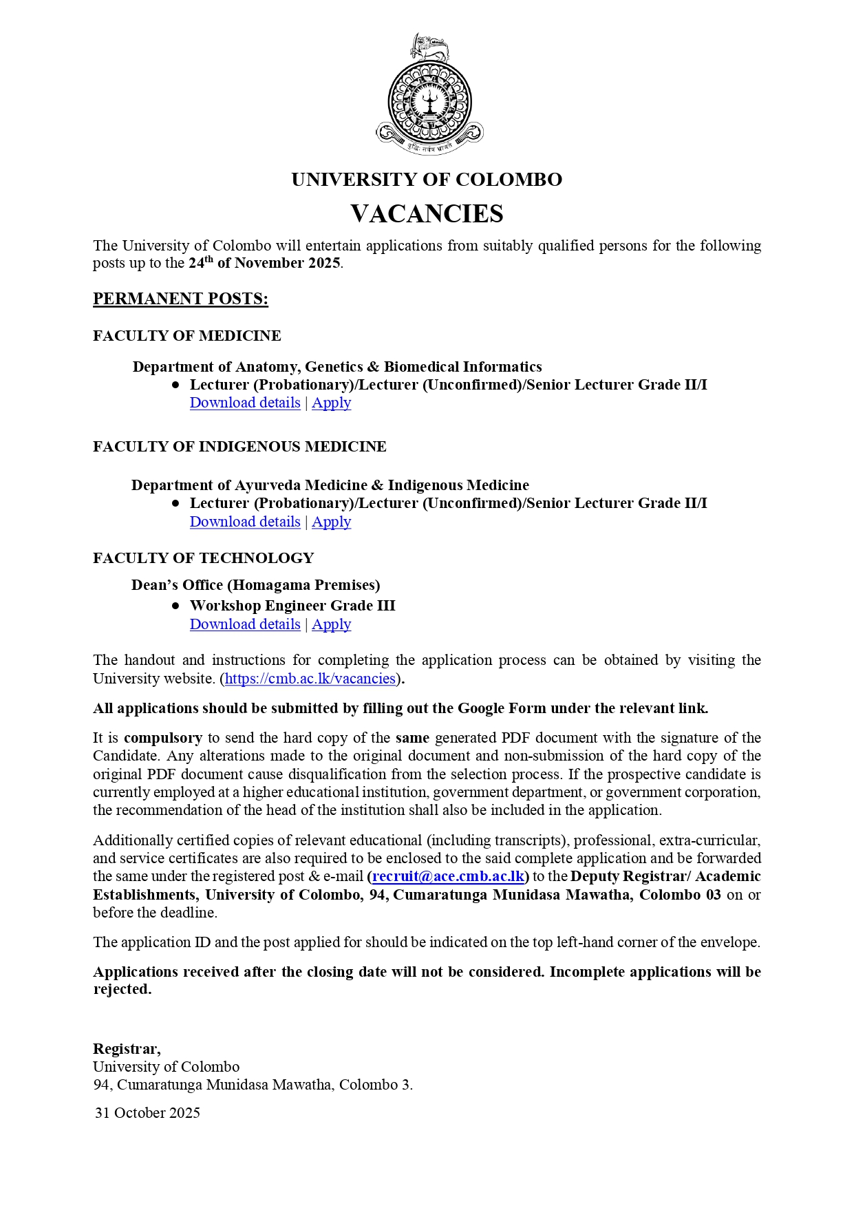 Lecturer, Senior Lecturer, Workshop Engineer - University of Colombo