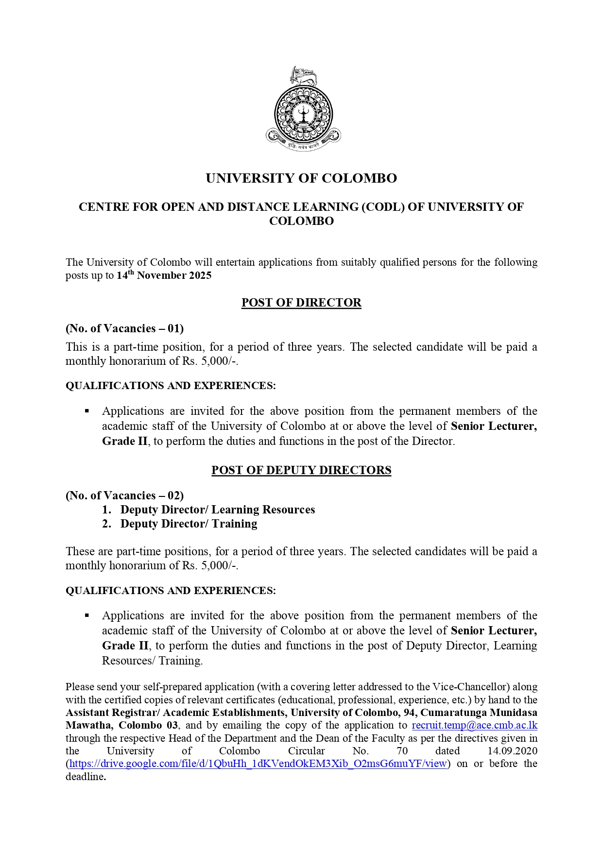 Director, Deputy Director - University of Colombo