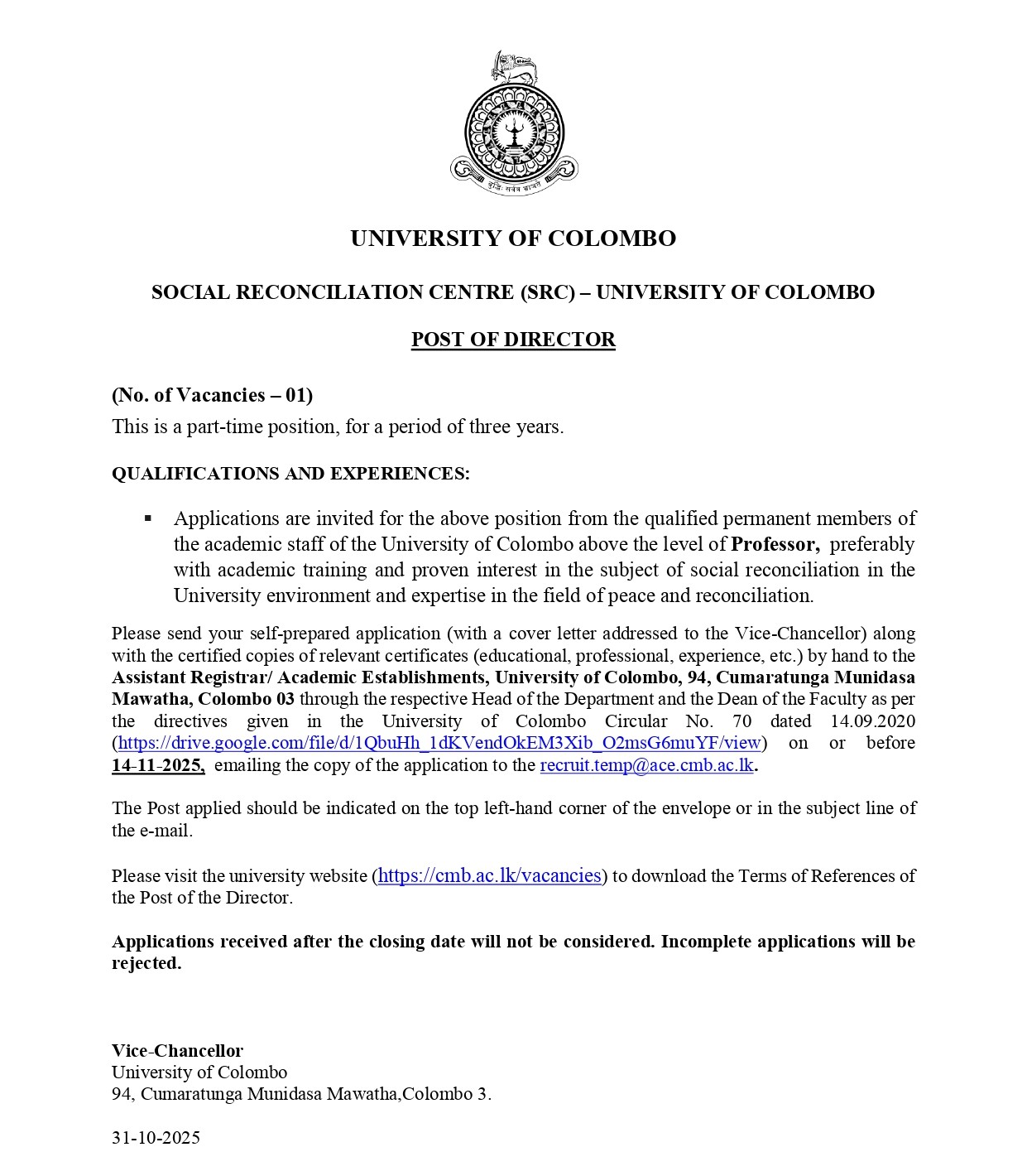 Director - University of Colombo
