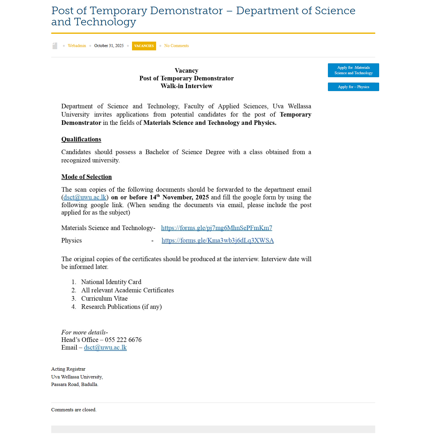 Temporary Demonstrator - Uva Wellassa University