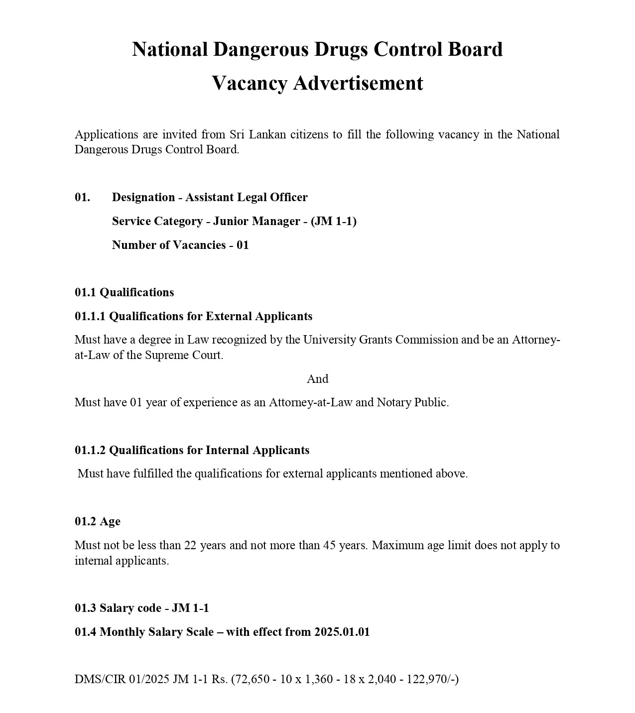 Assistant Legal Officer - National Dangerous Drugs Control Board