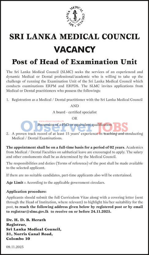 Head of Examination Unit - Sri Lanka Medical Council
