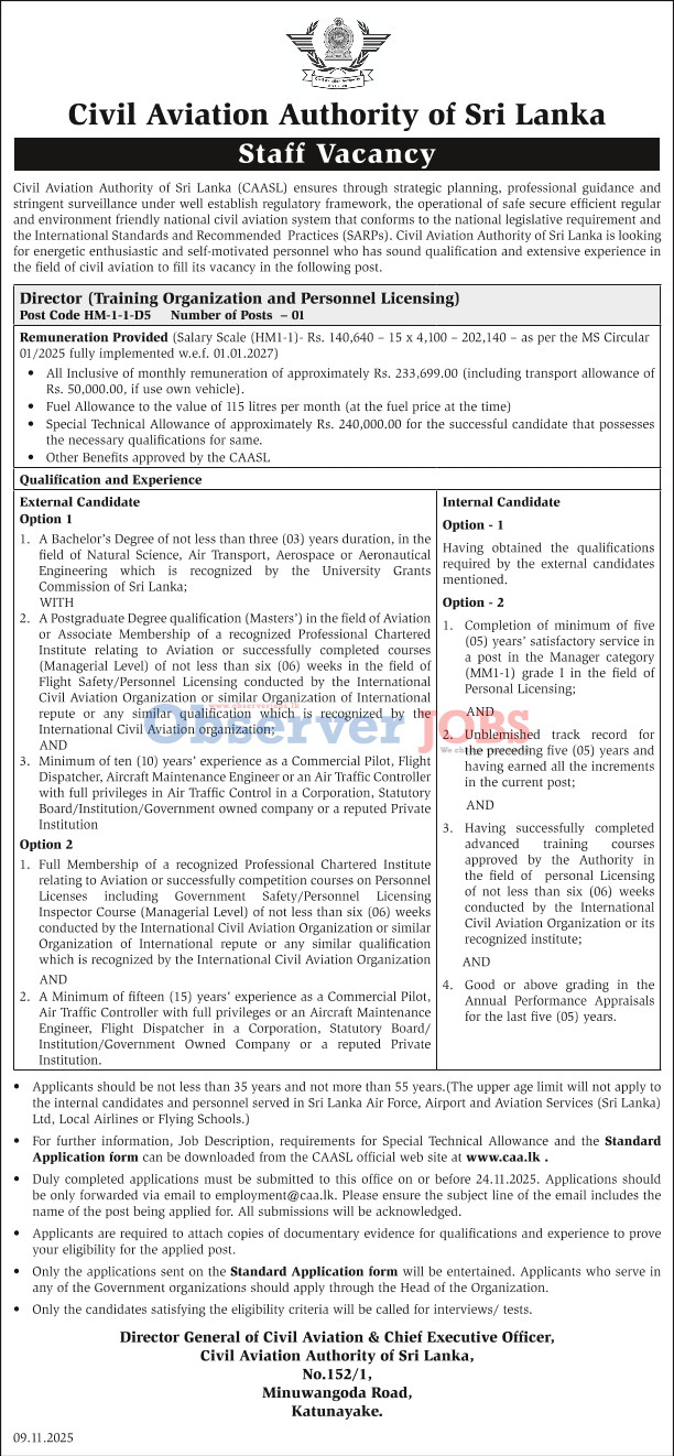 Director (Training Organization & Personnel Licensing) - Civil Aviation Authority of Sri Lanka