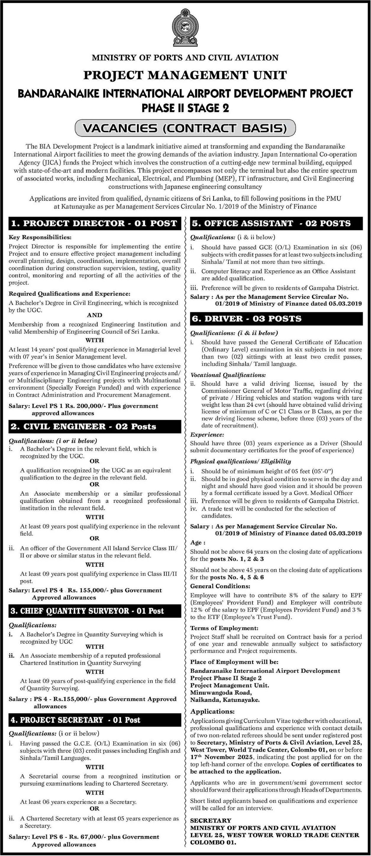 Project Director, Chief Engineer, Chief Quantity Surveyor, Project Secretary, Office Assistant, Driver - Ministry of Ports & Civil Aviation