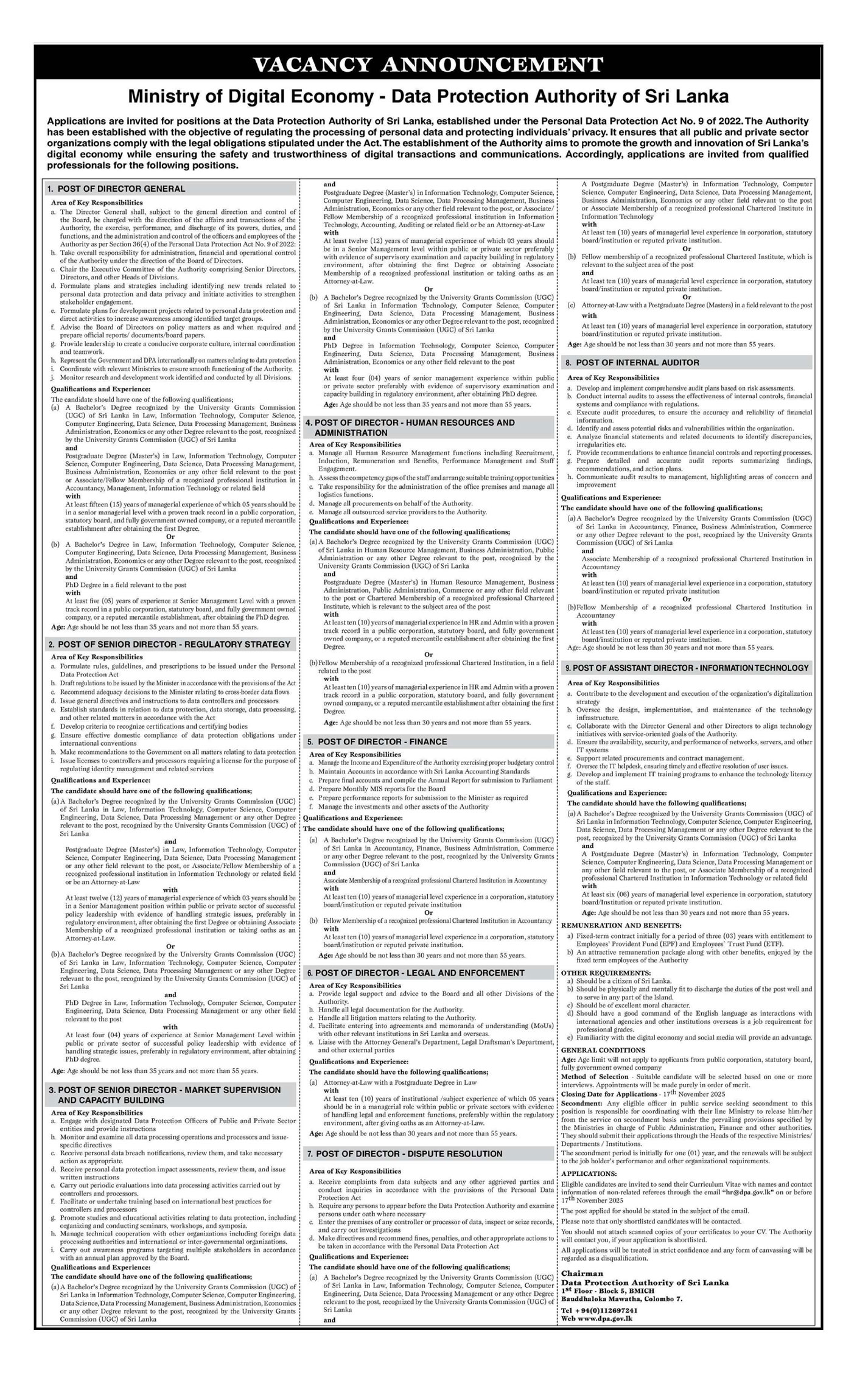 Director General, Senior Director, Director, Internal Auditor, Assistant Director - Data Protection Authority of Sri Lanka