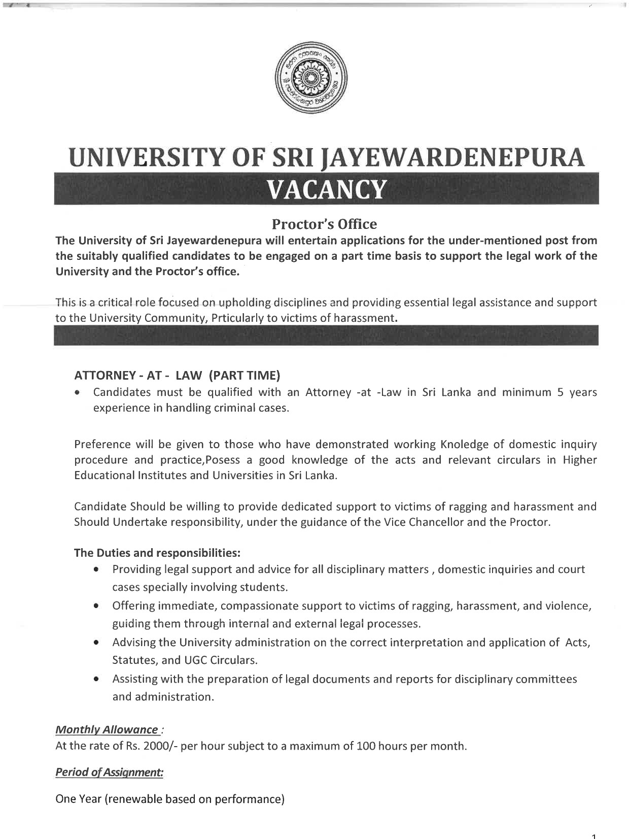 Attorney at Law - University of Sri Jayewardenepura