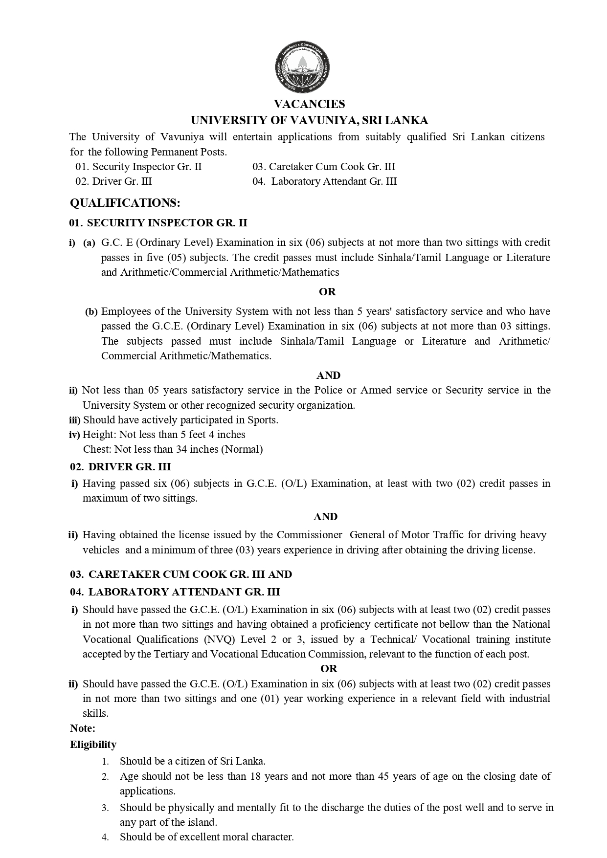 Security Inspector, Driver, Caretaker/Cook, Laboratory Attendant - University of Vavuniya 