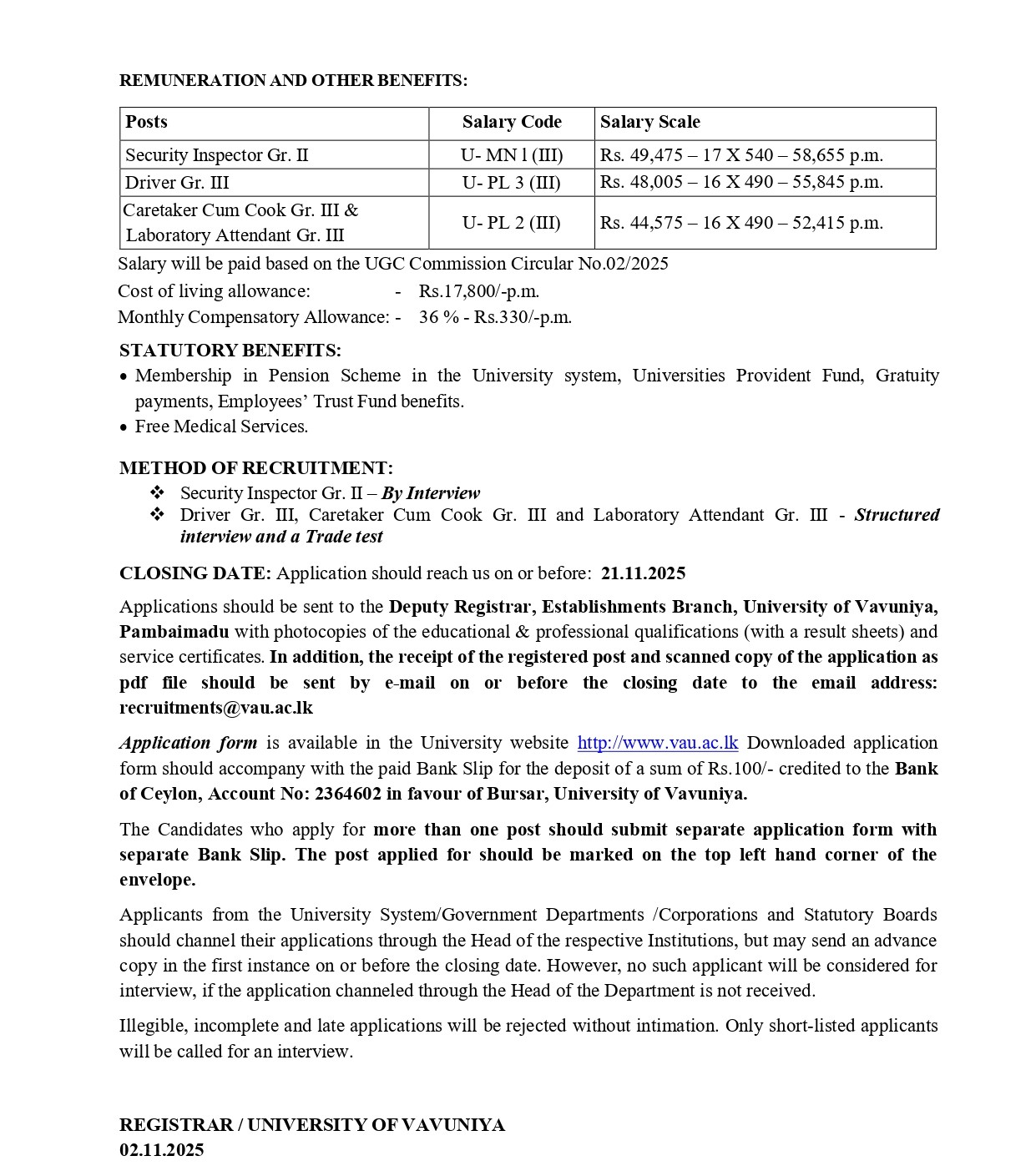 Security Inspector, Driver, Caretaker/Cook, Laboratory Attendant - University of Vavuniya 